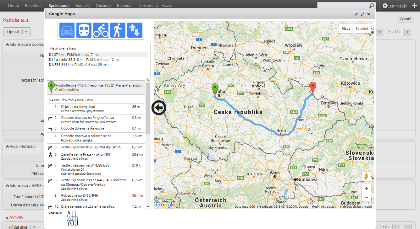 Google mapy - plánování trasy na kartě společnosti